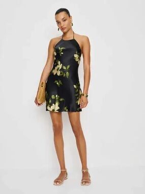 Reformation Jennis Silk Mini Dress in Black Floral - 2